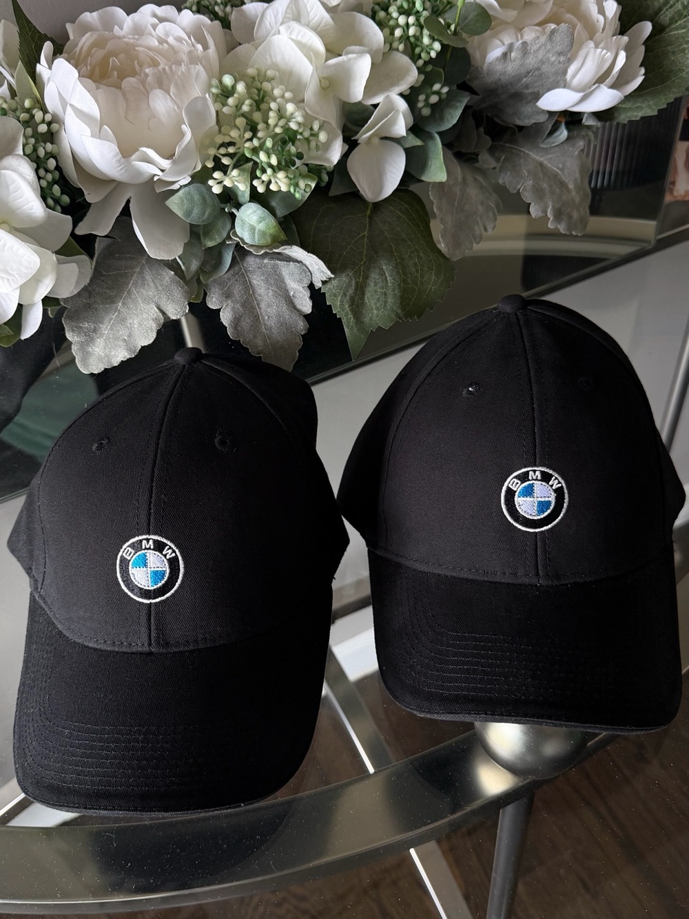 NWT BMW Black Baseball Caps (2) with Blue and White Roundel